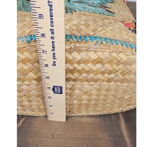 VTG 50s or 60s woven beach bag flat bottom rope handle some frays inside stains - Picture 11 of 11